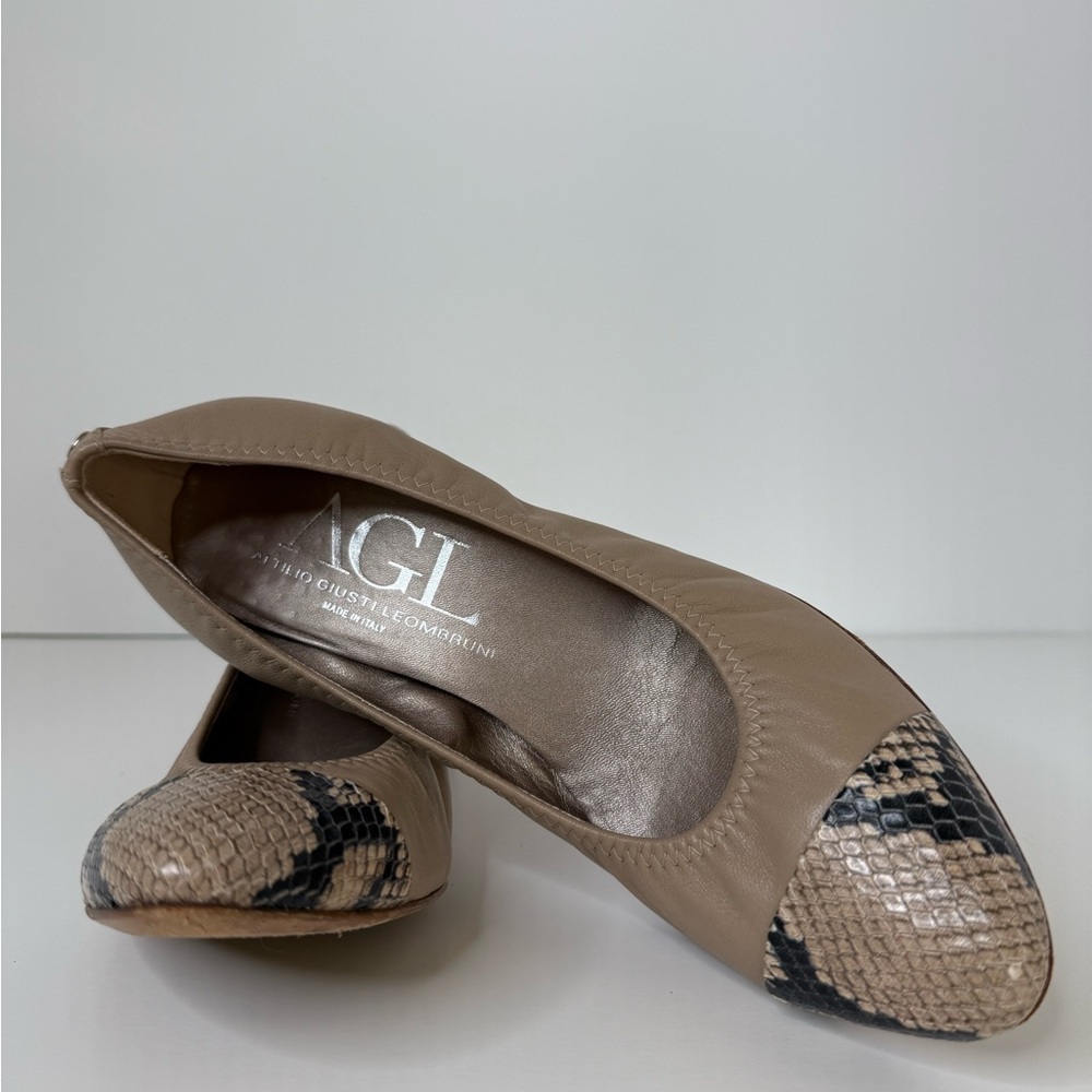 AGL Tan Leather Snakeskin Toe Cap Pumps 39.5